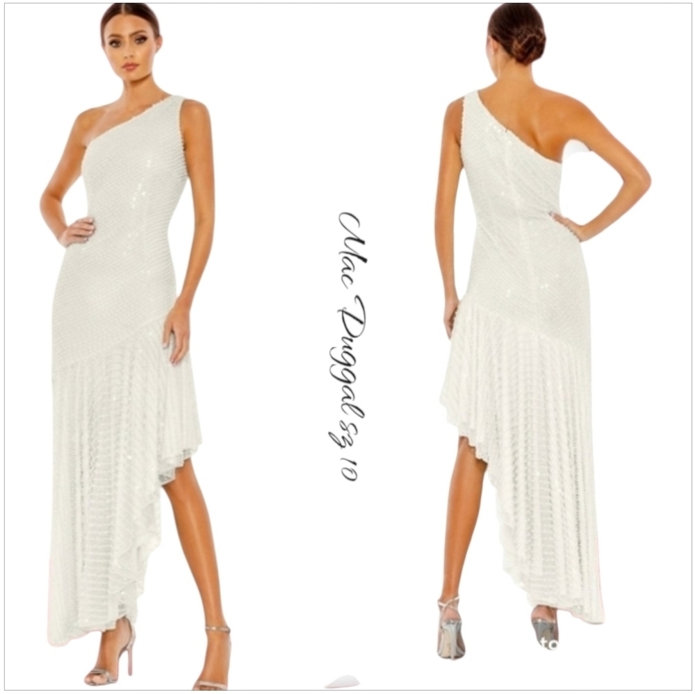 Mac Duggal One Shoulder Pearl Asymmetrical Prom Wedding Dress 10 - Picture 3 of 16